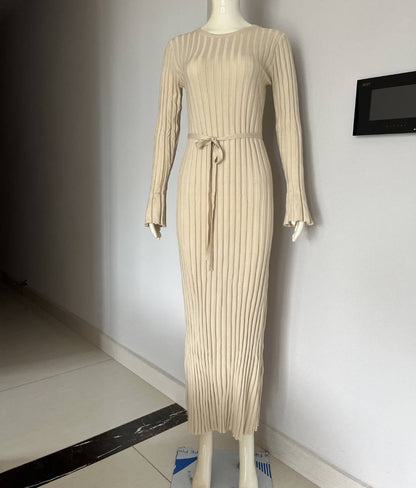 Autumn Winter Knitted Dress Waist Tight Round Neck Big Pit Stripe Slimming Knitted Maxi Dress