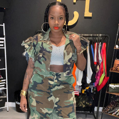 Camouflage Clothing Flounce Sleeve Pocket Personalized Cardigan Outdoor Short Sleeve Coat