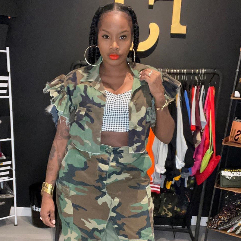 Camouflage Clothing Flounce Sleeve Pocket Personalized Cardigan Outdoor Short Sleeve Coat