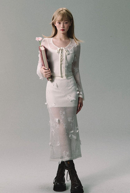 Butterfly Mesh Cardigan/camisole/long Skirt