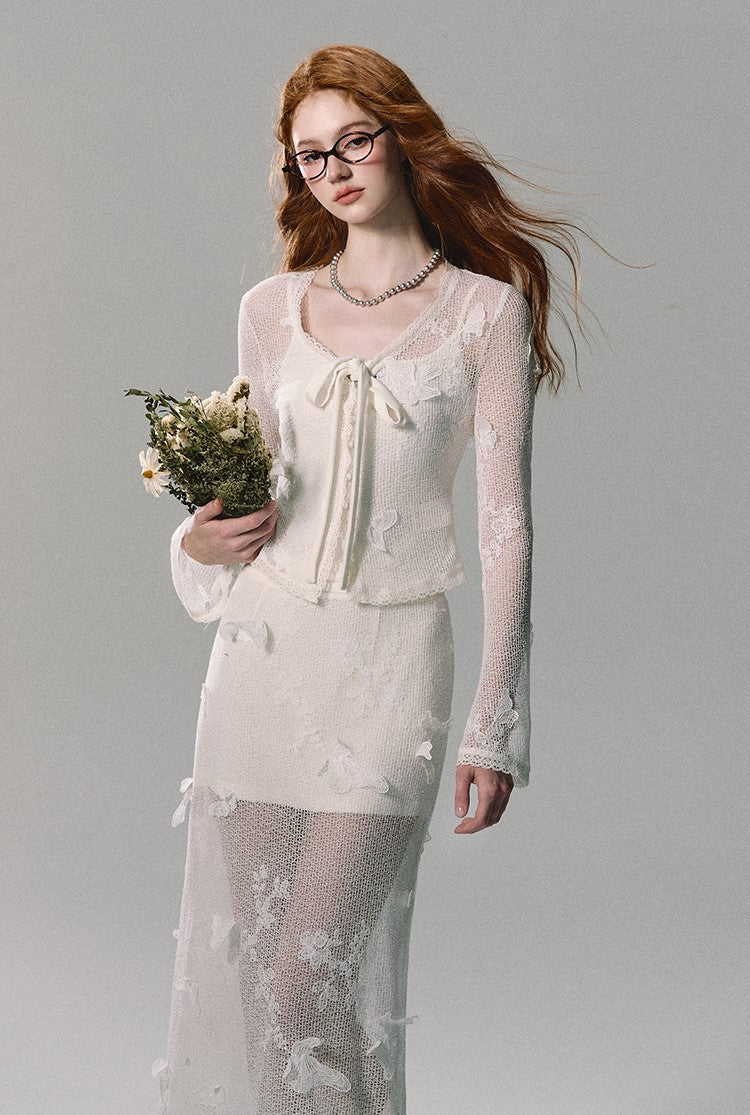 Butterfly Mesh Cardigan/camisole/long Skirt