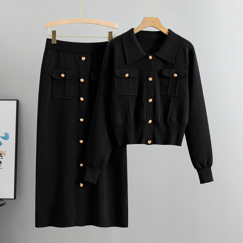 French Collared Chanel Autumn Winter Sweater Cardigan Top Knitted Slim Skirt Two Piece Set
