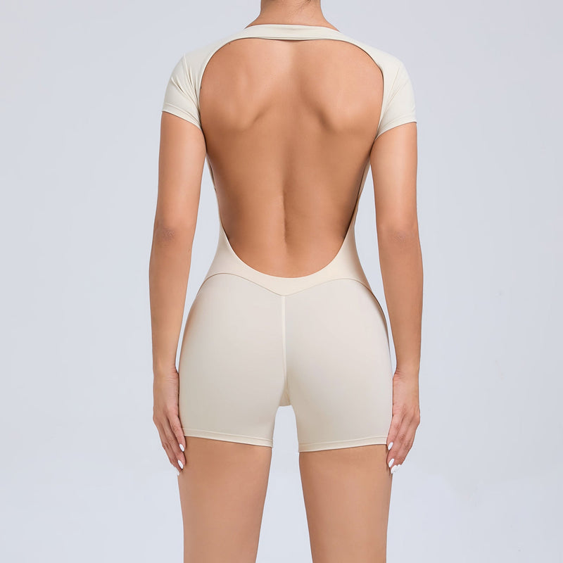 Backless Peach Hip Skinny Yoga Clothes Dance Sports Workout Clothes Hip Lift Belly Shaping Short Sleeve Yoga Jumpsuit