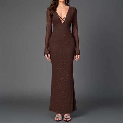 Mesh Square Silver Strip Dress V Neck Hip Long Sleeve Tied Maxi Dress