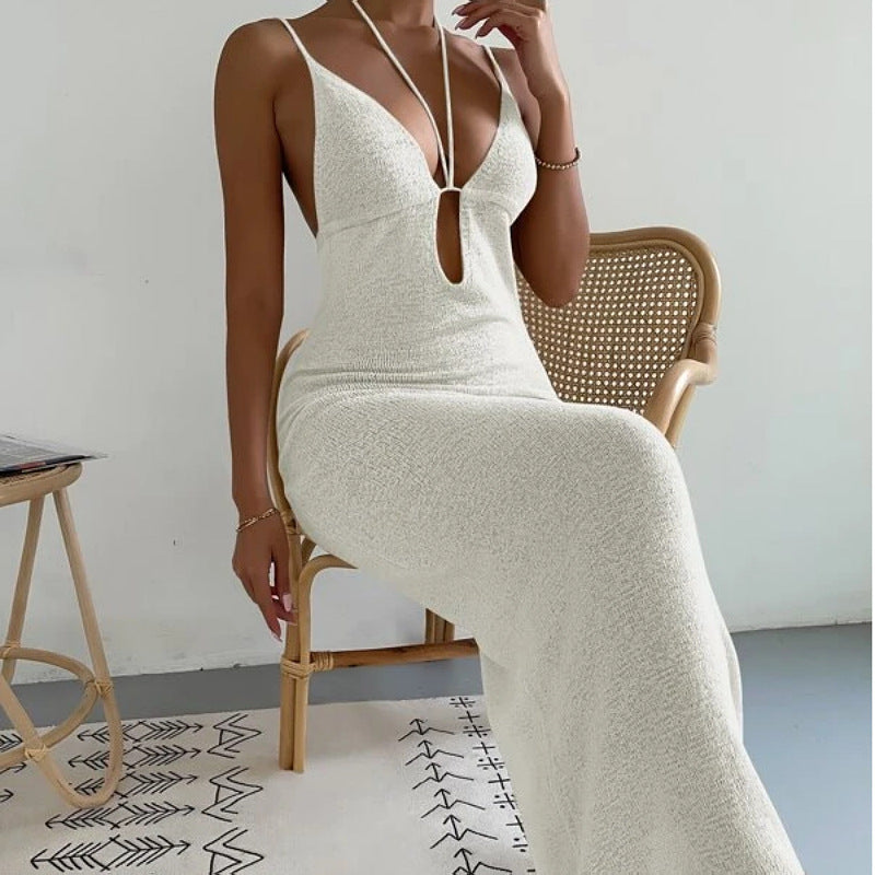 Clothes Cutout Lace Up Halter Spaghetti Straps Stitching Dress Maxi Dress
