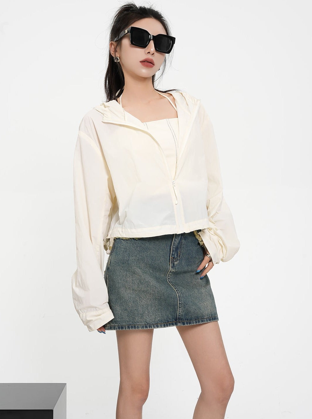 Textured Contrast Duo: Ivory Puff-sleeve Crop Blouse & Black Quilted Bomber Jacket Set