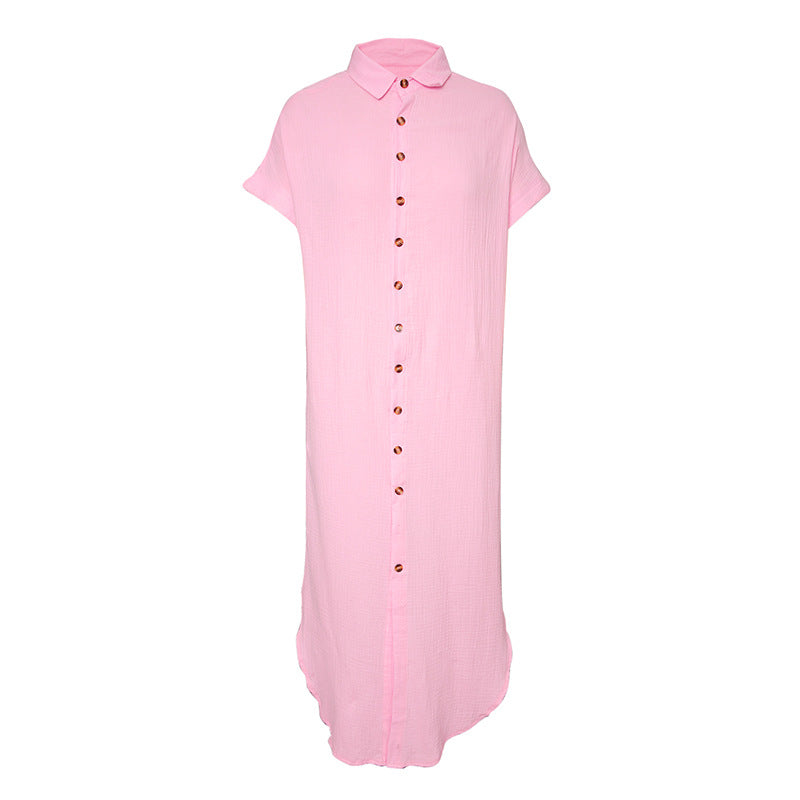 Color Shirt Simple Summer Long V-neck Single Breasted Short Sleeve Cardigan Shirt