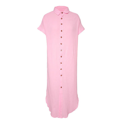 Color Shirt Simple Summer Long V-neck Single Breasted Short Sleeve Cardigan Shirt