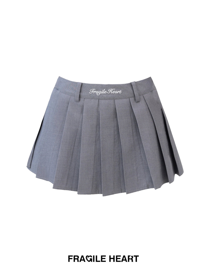 Fragile Heart Preppy Duo: Gray Pleated Mini Skirt and Bow-tie Cropped Blouse Set