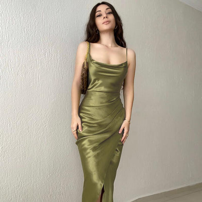 Low Cut Satin Split Sling Dress Slim Backless Maxi Dress