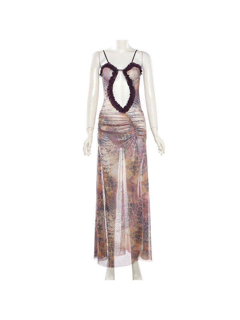 Cutout Suspender Ear Print Loose Fitting Cropped Maxi Dress