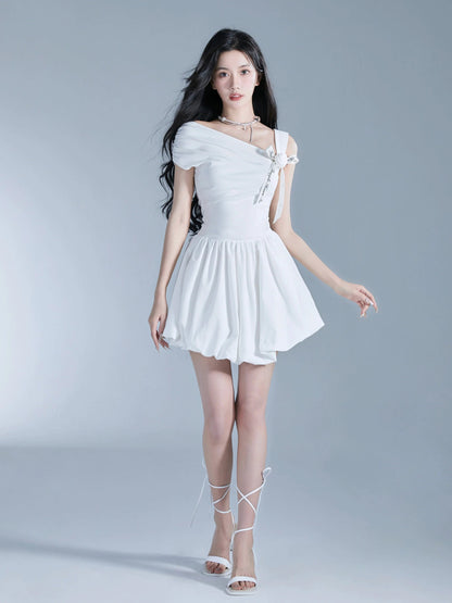 Angelic One-shoulder White Ballerina Mini Dress With Bow Detail