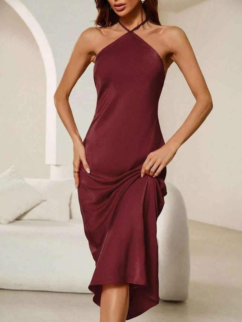 Dress Spring Autumn Evening Dress Satin Strap Maxi Dress