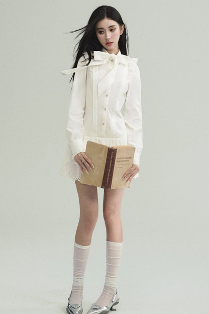Romantic White Lace Mini Dress With Bow Tie Collar and Scalloped Hem