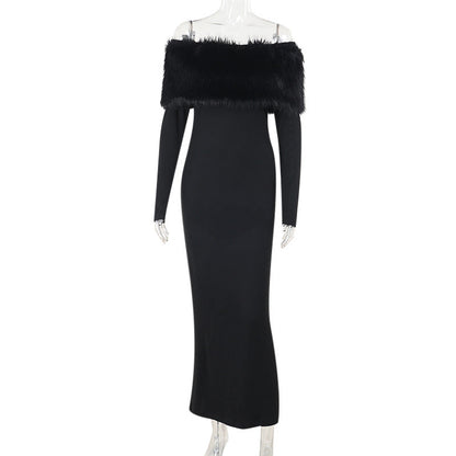 Autumn Maxi Dress Off Shoulder Fur Collar Slim Fit Dress