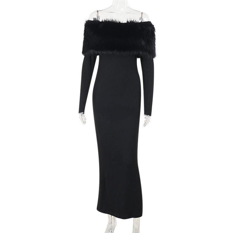 Autumn Maxi Dress Off Shoulder Fur Collar Slim Fit Dress