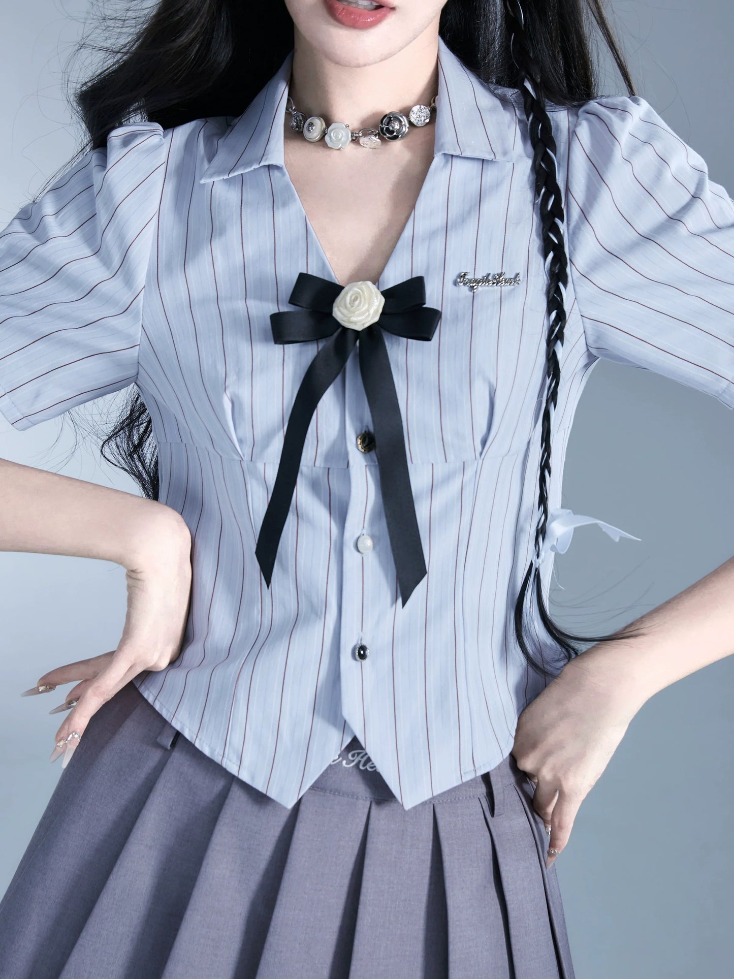 Fragile Heart Preppy Duo: Gray Pleated Mini Skirt and Bow-tie Cropped Blouse Set