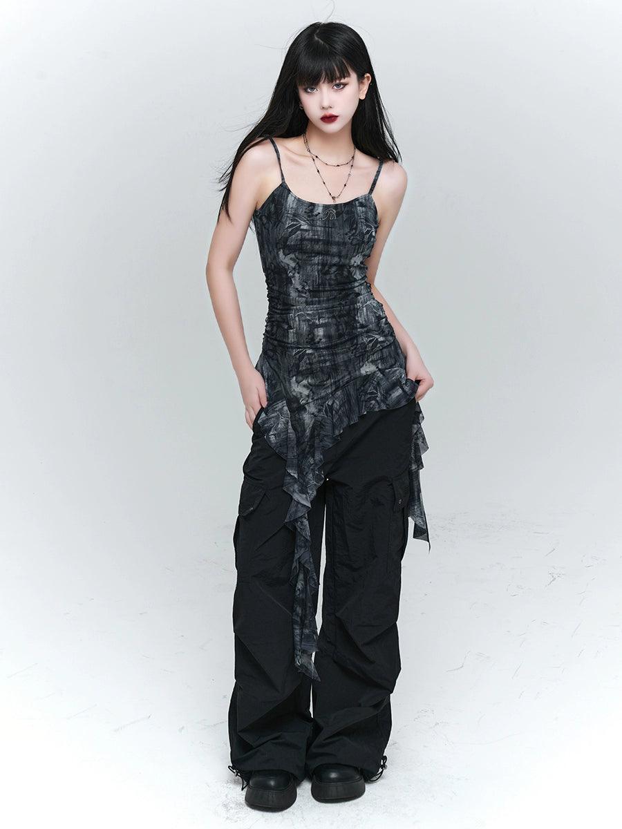 Ladyghost Grunge Fairy Asymmetrical Cami Dress - Tie-dye Ruched Mini Dress With Ruffle Hem