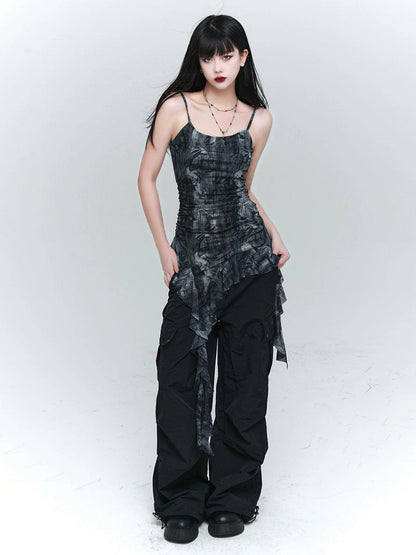 Ladyghost Grunge Fairy Asymmetrical Cami Dress - Tie-dye Ruched Mini Dress With Ruffle Hem