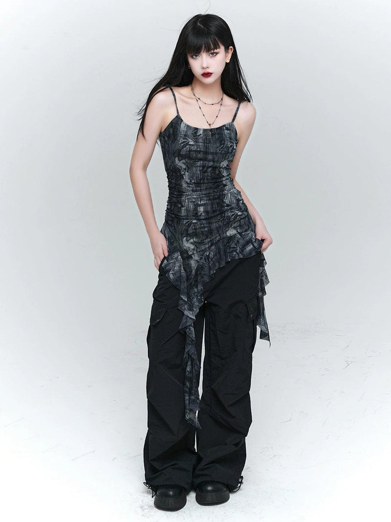 Ladyghost Grunge Fairy Asymmetrical Cami Dress - Tie-dye Ruched Mini Dress With Ruffle Hem