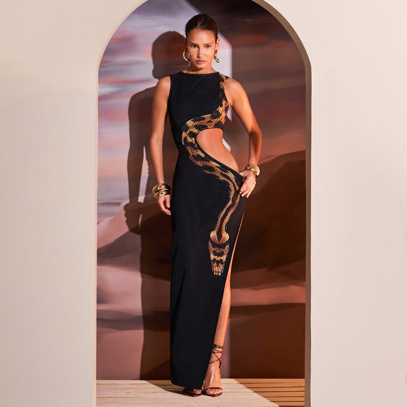 Summer Side Waist Hollow Out Cutout Python Print Slim Fit Slit Maxi Dress