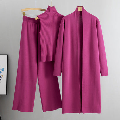 Spring Loose Knitting Suit Long Shawl Cardigan Turtleneck Vest Wide Leg Pants Three Piece Set