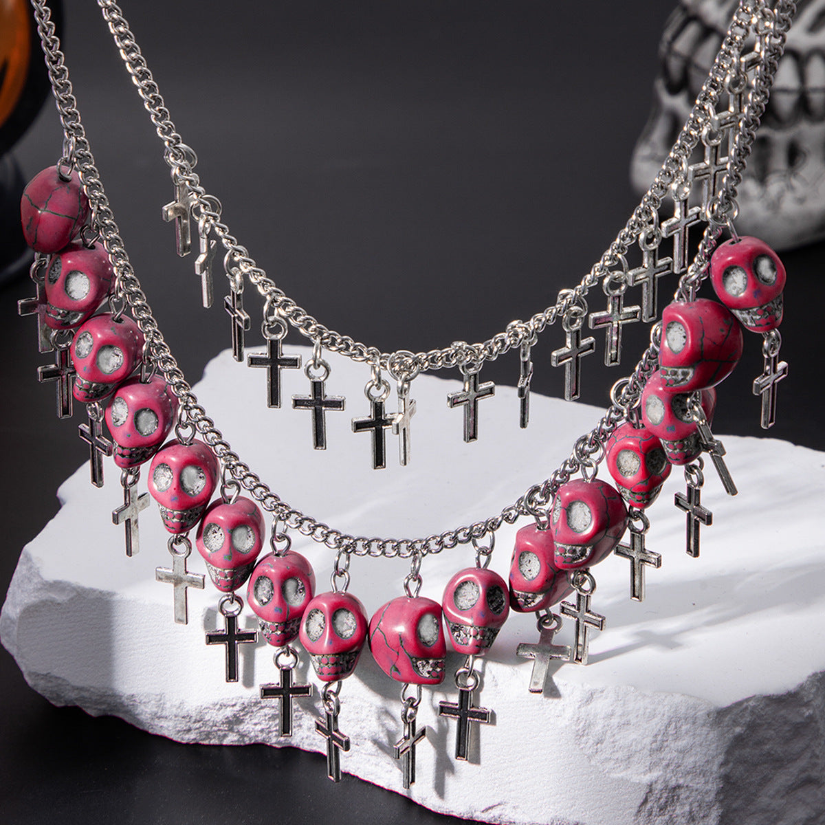 Halloween Cross Tassel Skull Punk Exaggerated Layered Necklace