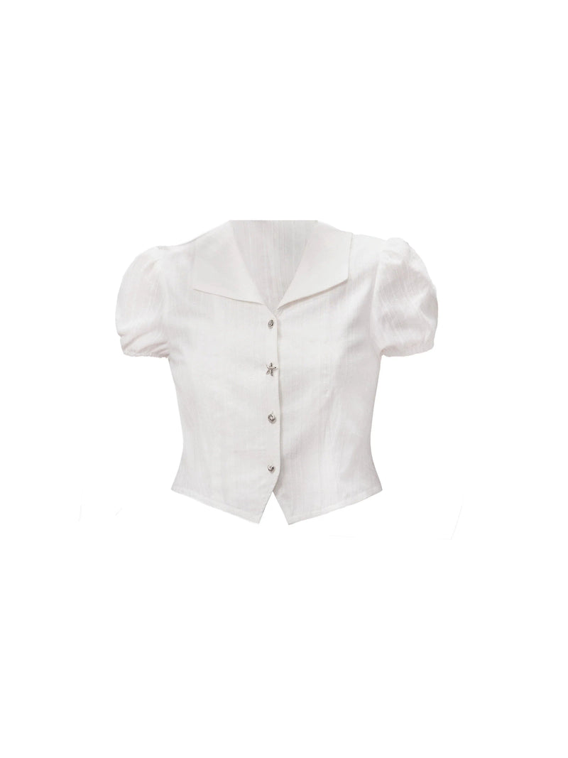 Ethereal Elegance Two-piece Set: Puff Sleeve Crop Blouse & Tiered Lace Midi Skirt - Pure White