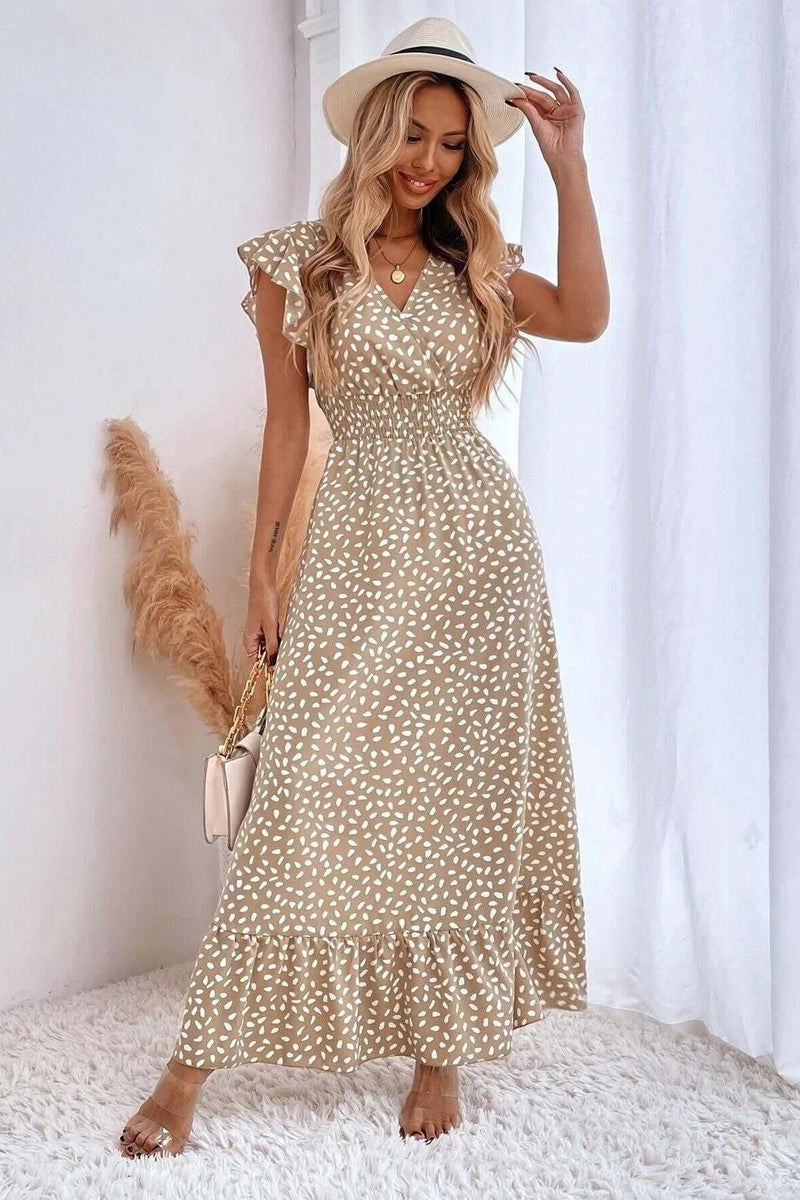 V-neck Ruffle Sleeve High Waist Dress