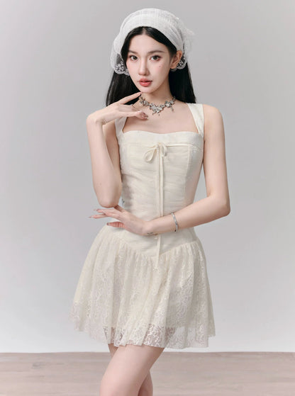 Romantic White Lace Halter Mini Dress With Front Tie