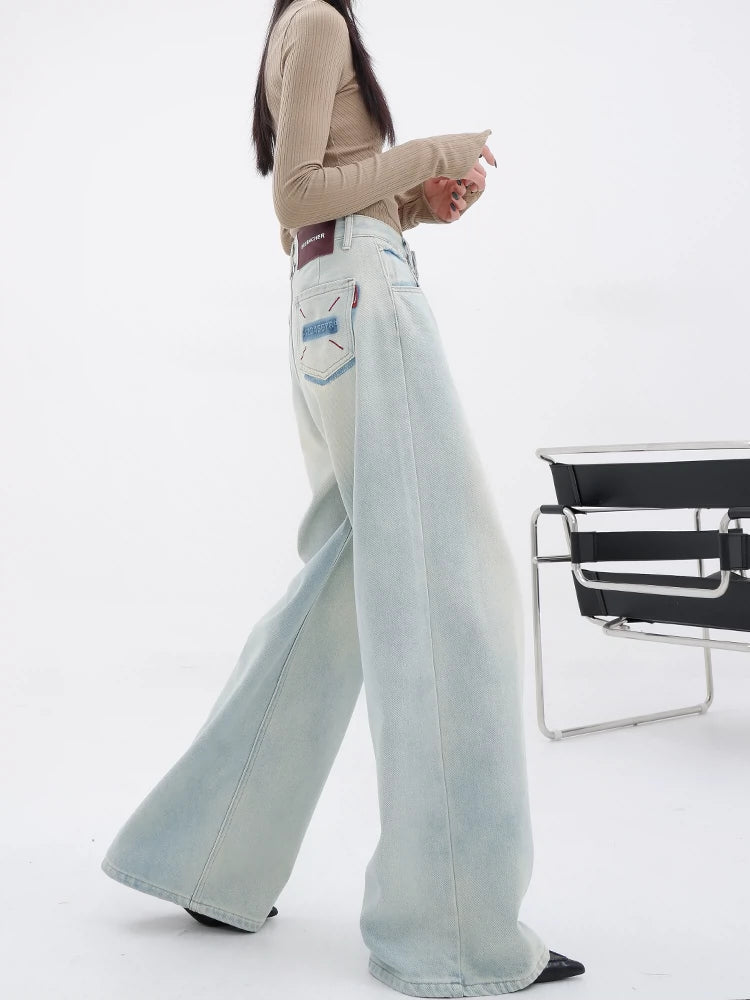 Light Blue Loose Straight Wide-leg Denim Pants With Embroidery Design