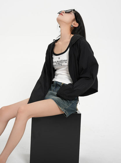 Textured Contrast Duo: Ivory Puff-sleeve Crop Blouse & Black Quilted Bomber Jacket Set
