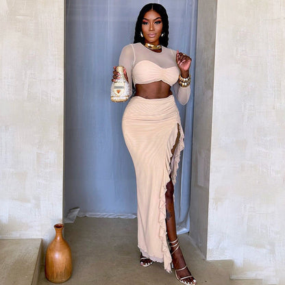 Clothing Winter Long Sleeve Mesh Double Layer Stitching Split Maxi Dress Two Piece Sets