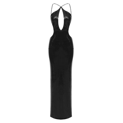 Summer Nightclub Cutout Halter Backless Sequin Maxi Dress Clothing Dress