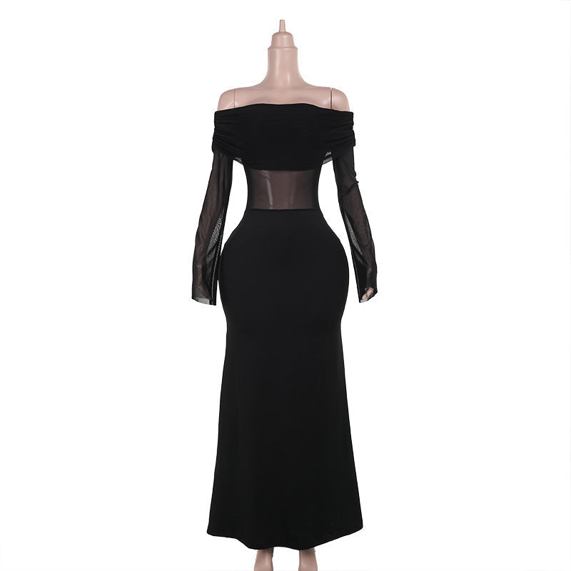 Fall Maxi Dress Slim Off Shoulder Mesh Dress