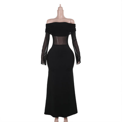 Fall Maxi Dress Slim Off Shoulder Mesh Dress