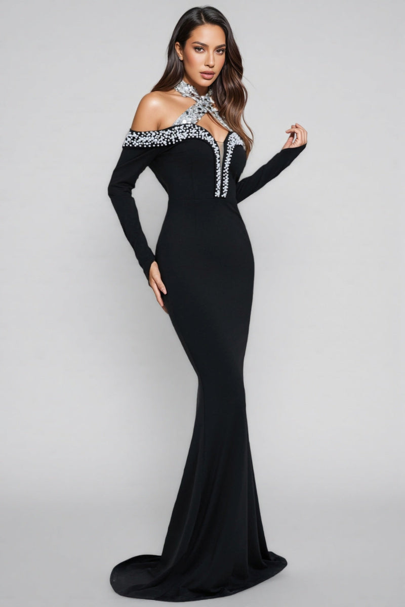 Hyxra Diamond Studded Fishtail Maxi Dress