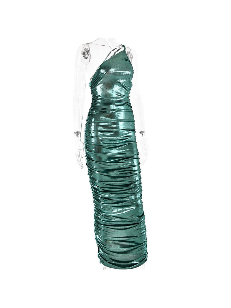 Metallic Coated One Shoulder Sheath Knitted Coated Dress