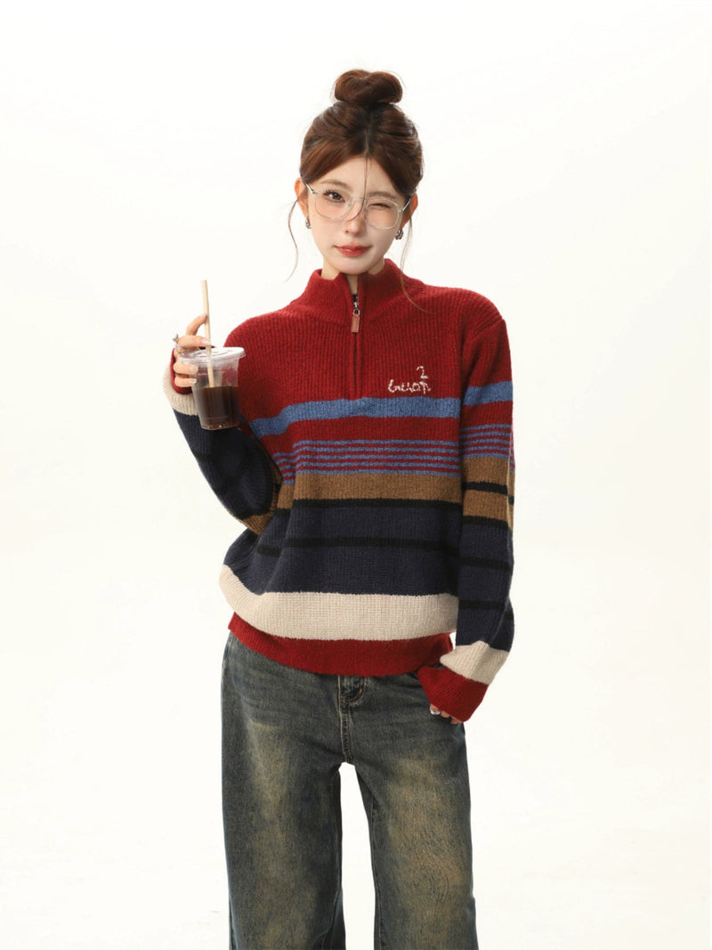 Red Color-block Striped Knit Sweater