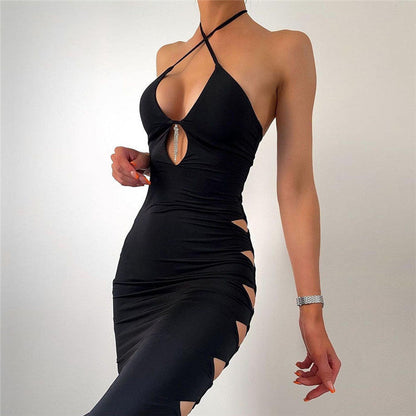 Clothing Halter Suspender Dress Side Ripped Maxi Dress Slim Dress