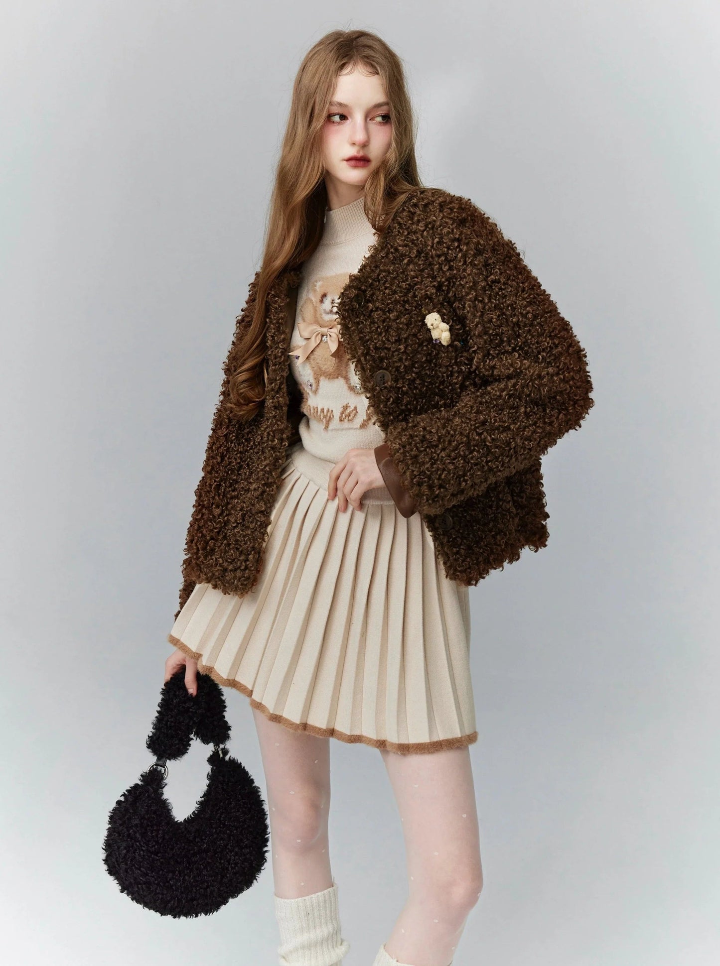 Cozy Teddy Bear Cardigan: Plush Textured Cropped Jacket With Charming Embroidered Details