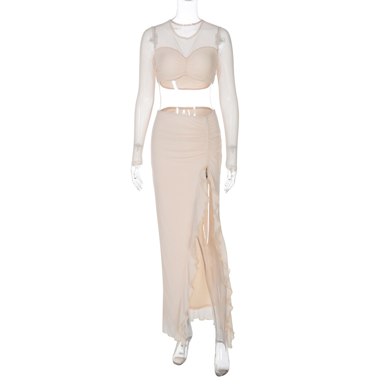 Clothing Winter Long Sleeve Mesh Double Layer Stitching Split Maxi Dress Two Piece Sets