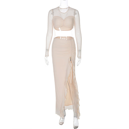 Clothing Winter Long Sleeve Mesh Double Layer Stitching Split Maxi Dress Two Piece Sets