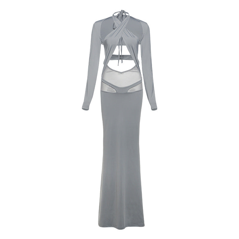 Spring Clothing Color Slim Fit Long Sleeves Blouse Halter Lace Up Dress Set