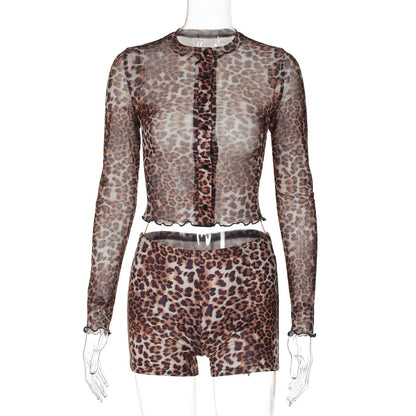 Clothing Autumn Mesh Print Cardigan Bobbi Long Sleeve Top Slim Shorts Suit