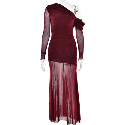 Dress Mesh Stitching Pleated Color Long Sleeve Slim Fit Maxi Dress