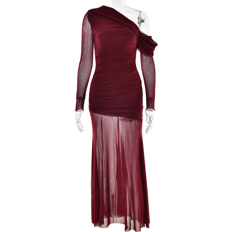 Dress Mesh Stitching Pleated Color Long Sleeve Slim Fit Maxi Dress