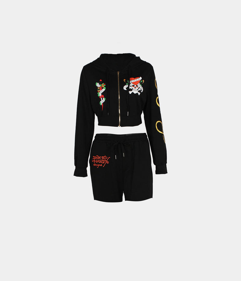 Brand Street Skull Heart Printing Basic Zipper Short Cardigan High Waist Straight Leg Pants Two Piece Sets