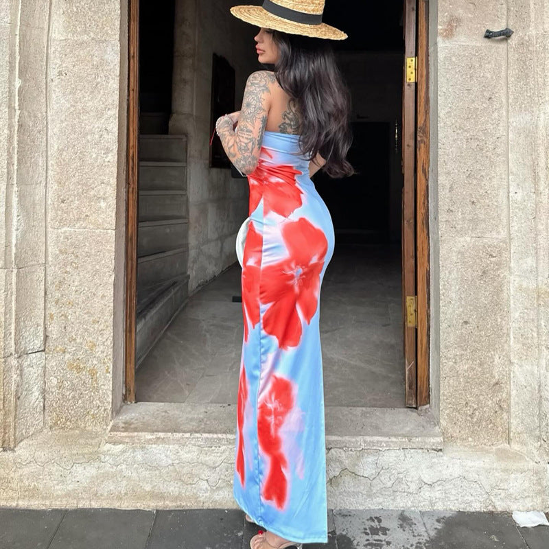 Clothing Summer Tube Top Print Slim Fit High Waist Slit Maxi Dress