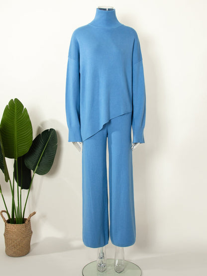 Half Turtleneck Irregular Asymmetric Sweater Suit Beveled Sweater Knitted Wide Leg Pants